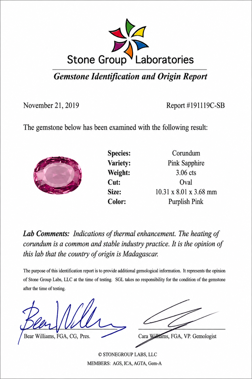Natural Madagascar Pink Sapphire 3.06 ct and Diamond 1.30 ct Ring in 18kt White Gold, SGL Report No. 191119C-SB