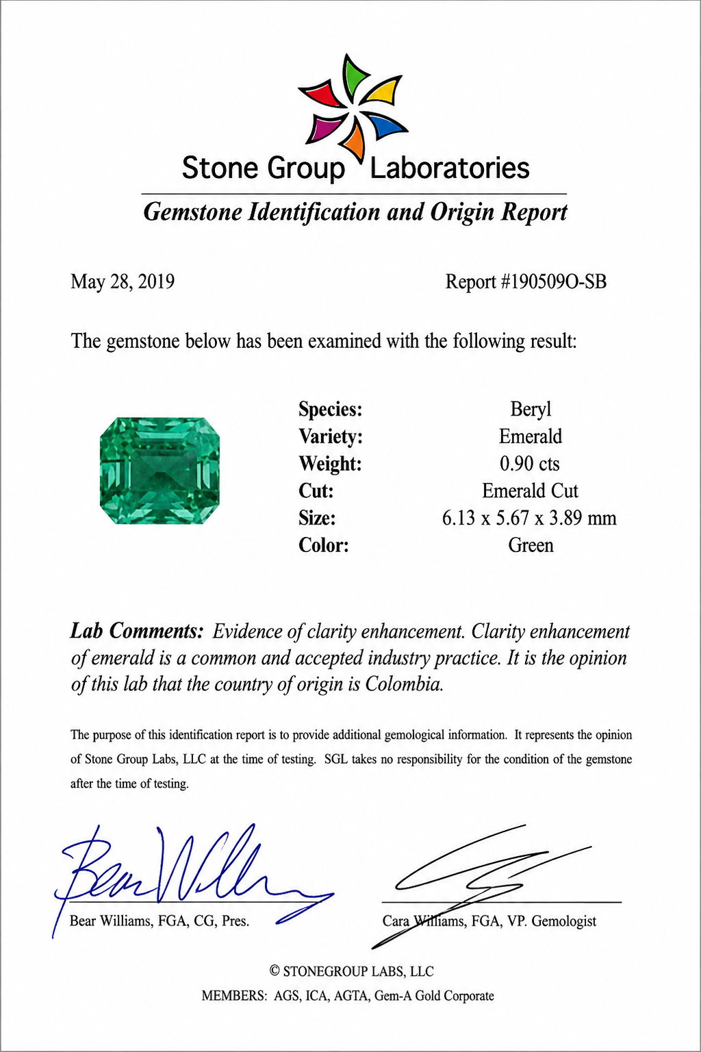 Vintage 1940s Natural Colombian Emerald 0.90 ct and Diamond Ring in Platinum and 18kt White Gold, SGL Report No. 190509O-SB