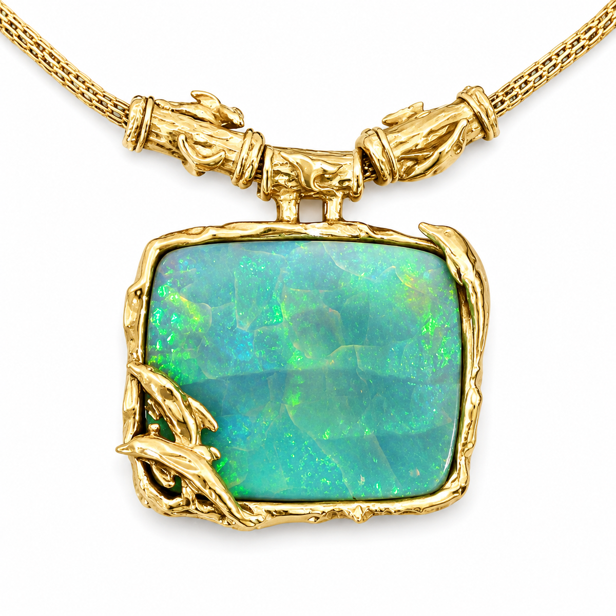 Vintage 1990s Black Opal 75.45 ct Dolphin Pendant Necklace in 14kt Yellow Gold