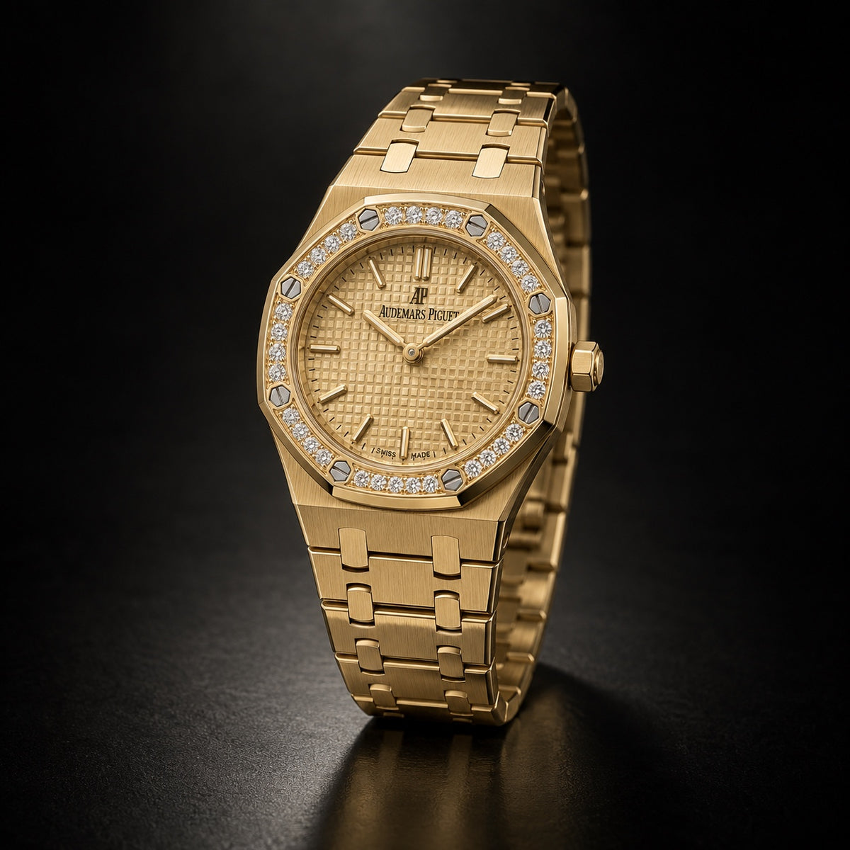 Audemars Piguet Royal Oak-style ladies’ gold-tone watch with stone-set bezel
