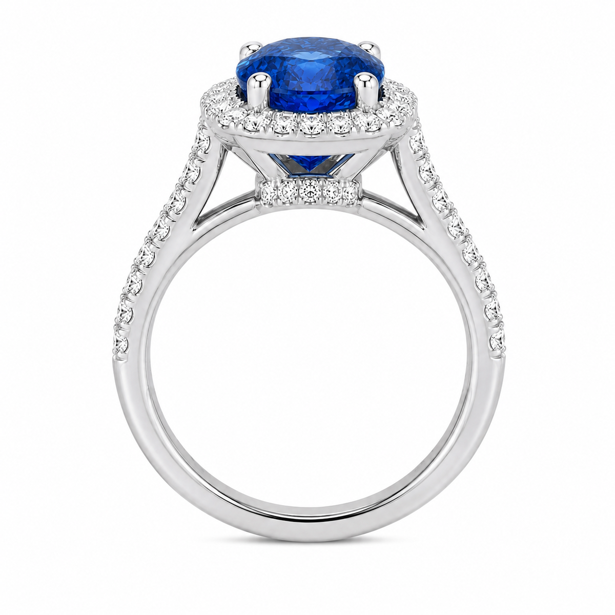 Natural 5.24 ct Madagascar Blue Sapphire & 0.68 ct Diamond 18K White Gold Halo Ring, SGL Report No. 250307H-SB