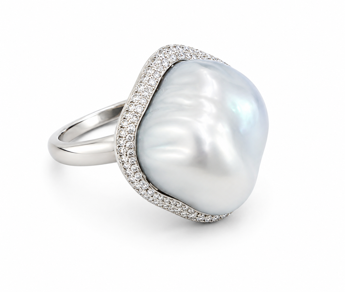 South Sea Baroque Pearl 19 x 17 mm and Diamond Ring in 18kt White Gold