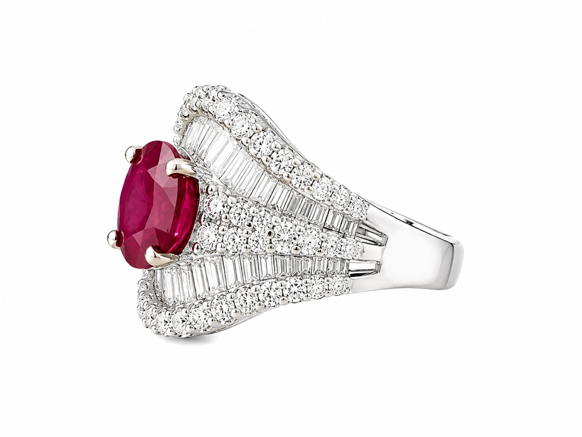 Natural 3.21 ct Burmese Ruby & 2.00 ct Diamond 18K White Gold Ring, AGL and SGL Reports