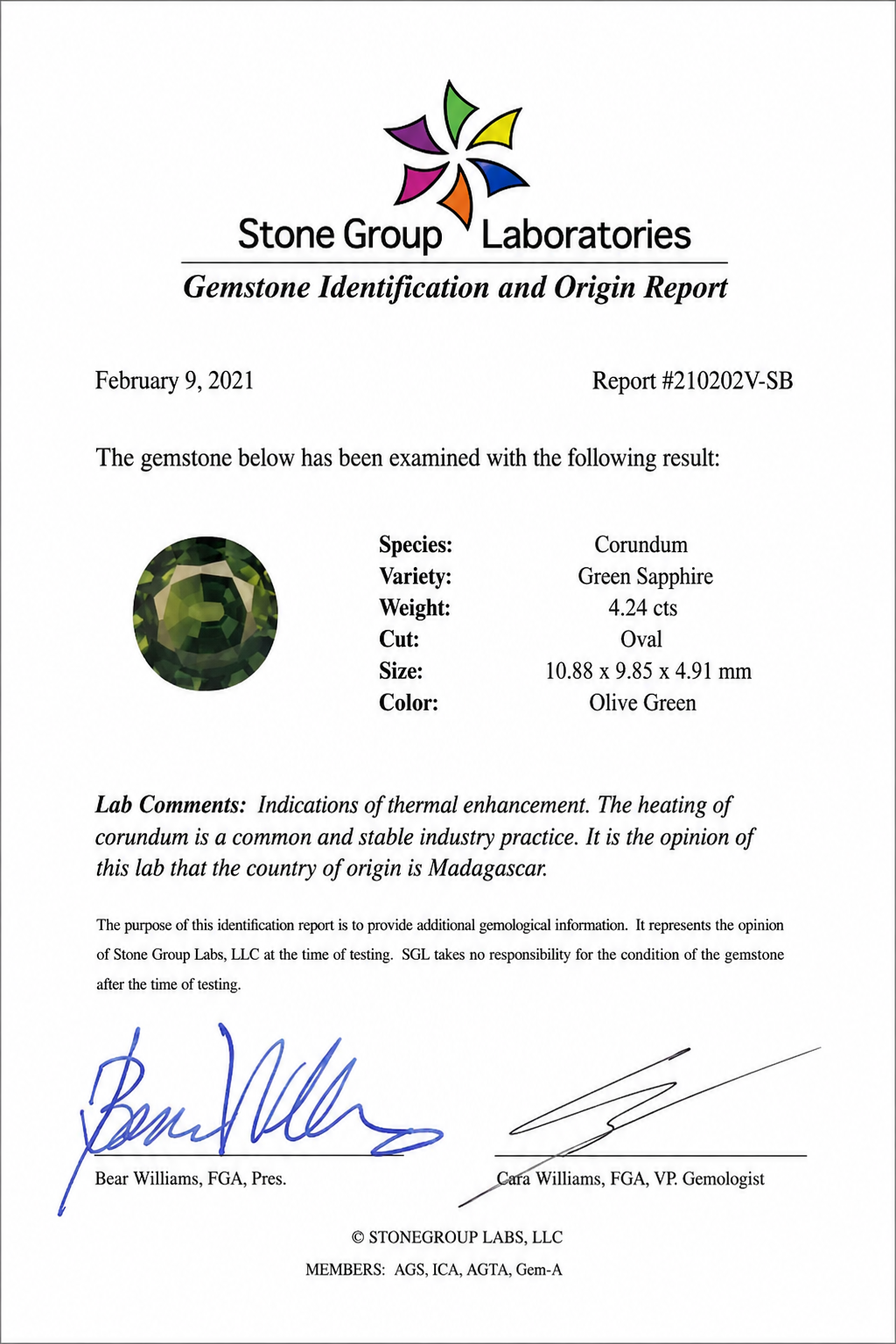 Natural 4.24 ct Madagascar Green Sapphire & 2.50 ct Diamond Platinum Ring, SGL Report