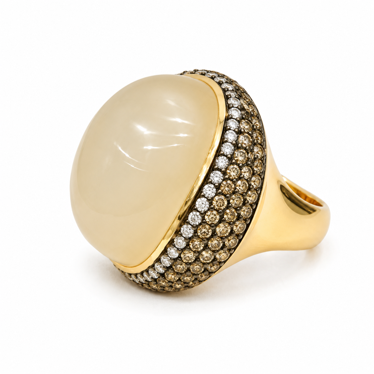 Moonstone Oval Cabochon 40+ ct and Brown and White Diamond Ring in 18kt Rose Gold