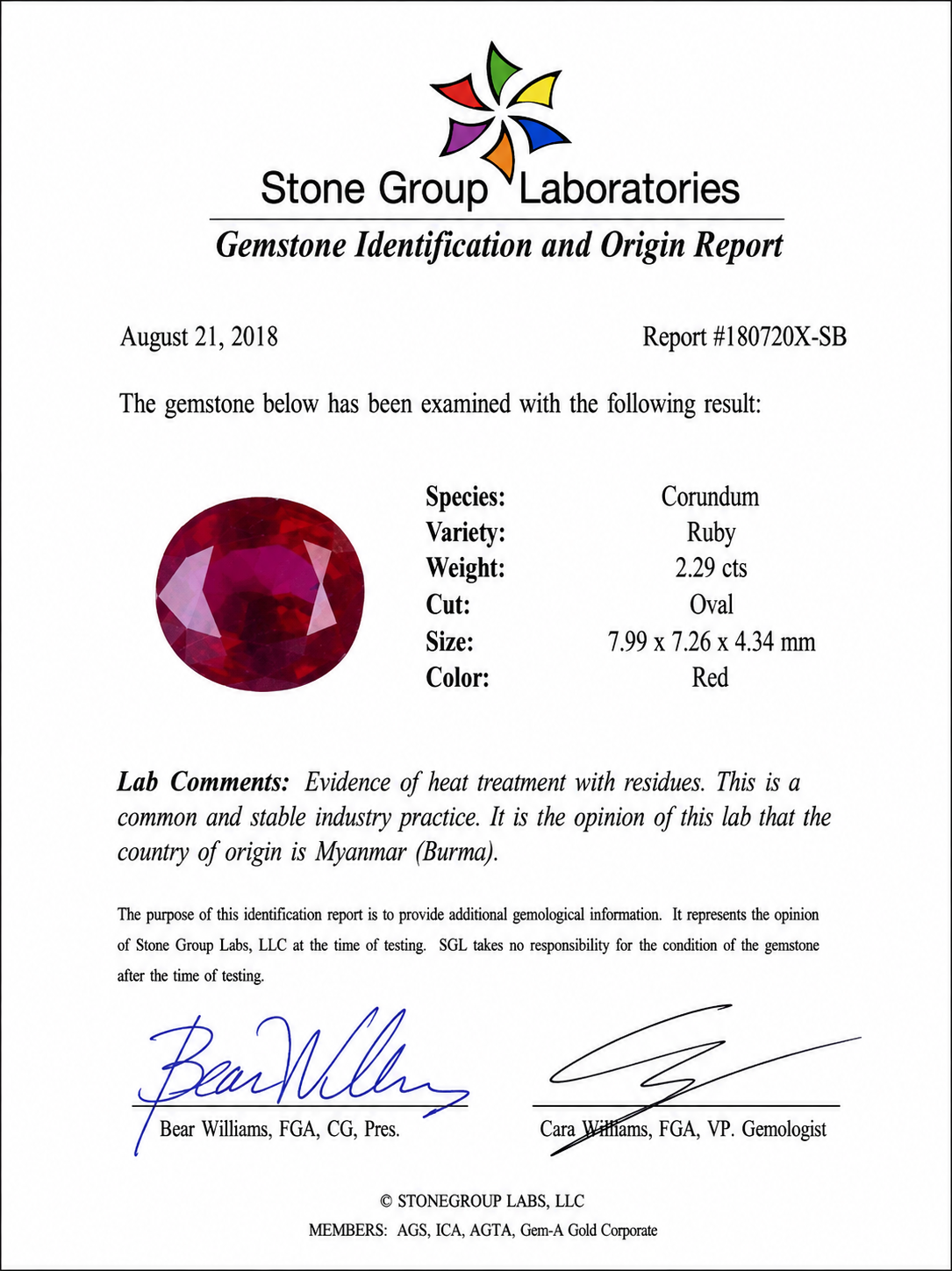 Natural 2.29 ct Burmese Ruby & 0.30 ct Tapered Baguette Diamond Platinum Ring, SGL Report No. 180720X-SB