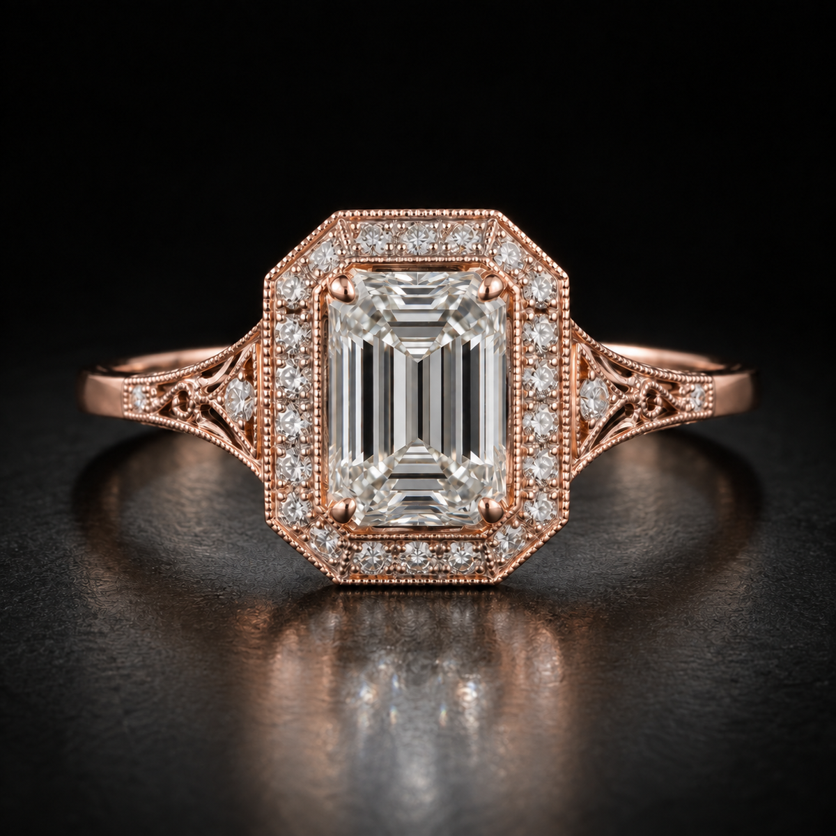Art Deco Emerald-Cut Halo Engagement Ring in 18kt rose gold