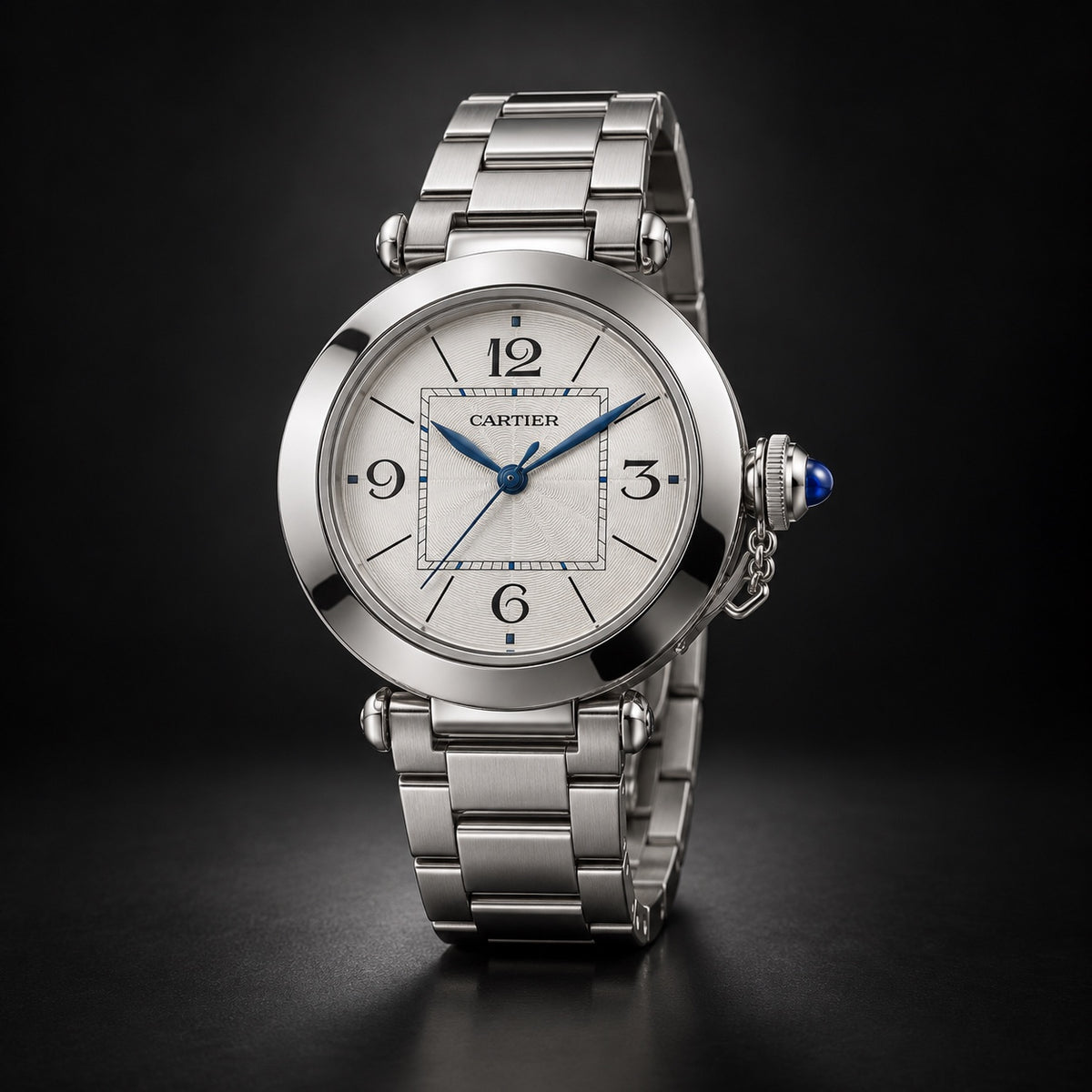Pasha de Cartier steel watch with silver dial and bracelet