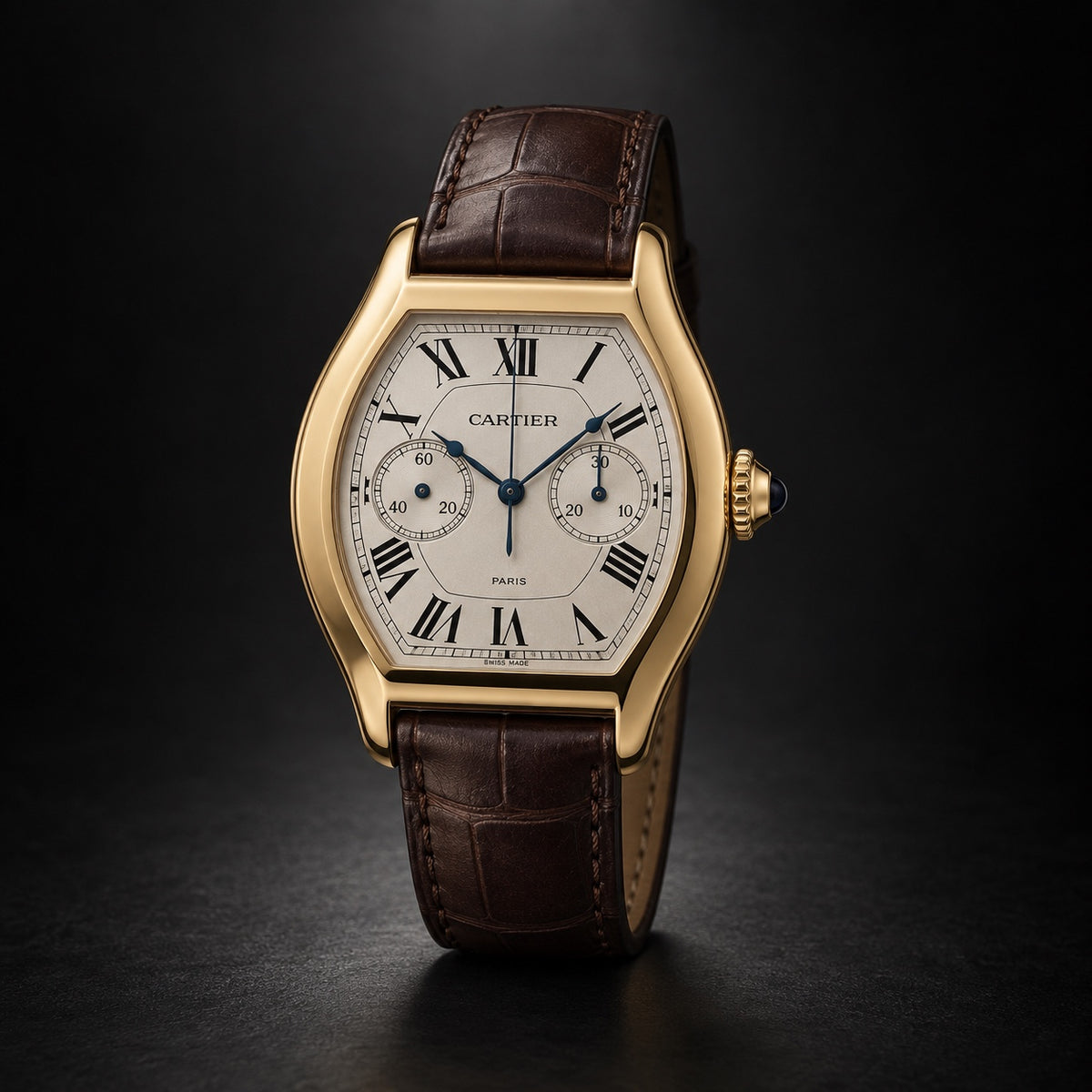 Cartier Tortue chronograph yellow gold watch with silver dial and brown leather strap
