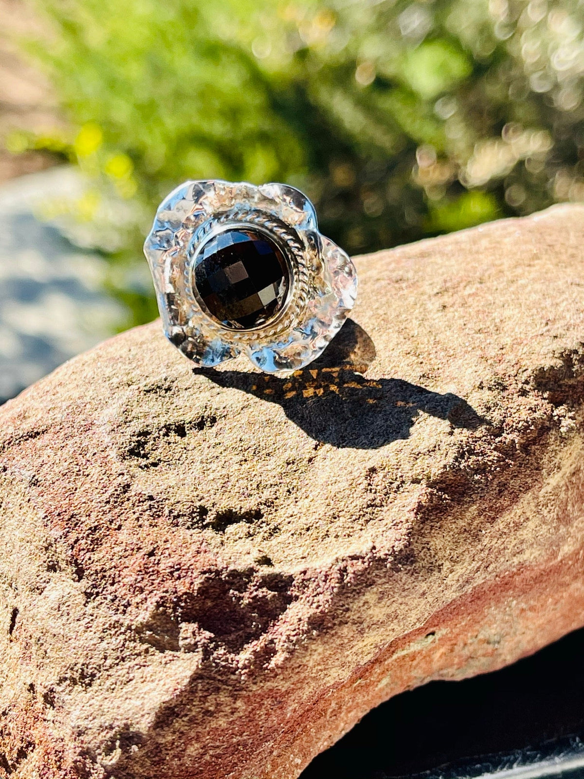 Sterling Silver Flower Ring with Smoky Topaz Faceted Stone