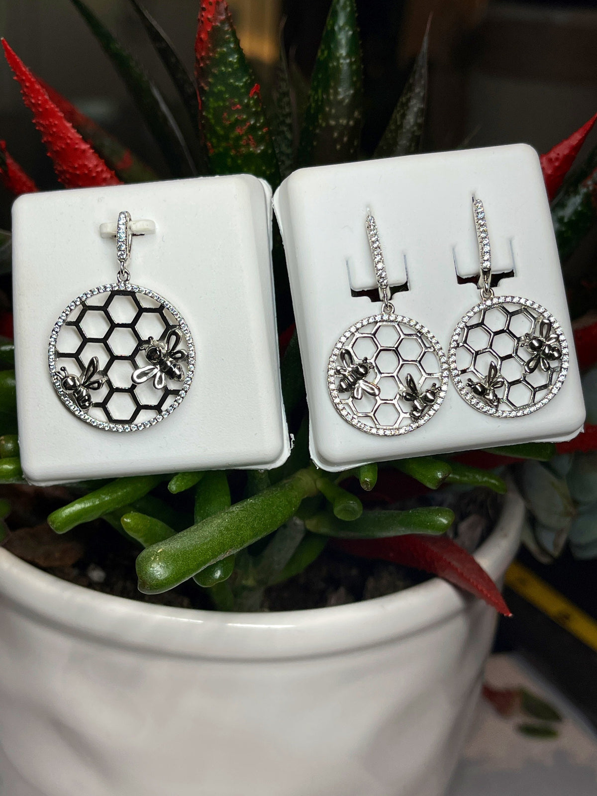 Sterling Silver Honeycomb Bee Pendant and Earrings Matching Set