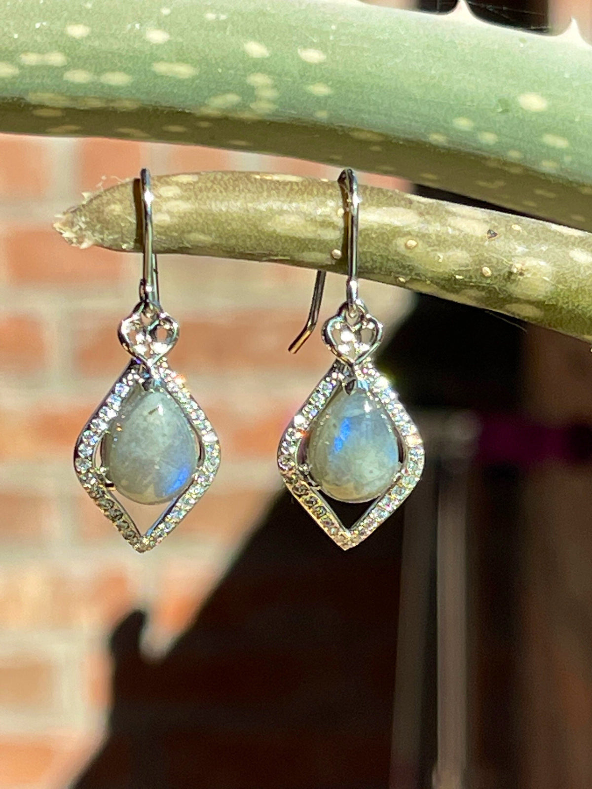 Sterling Silver Moonstone and Cubic Zirconia Dangle Earrings