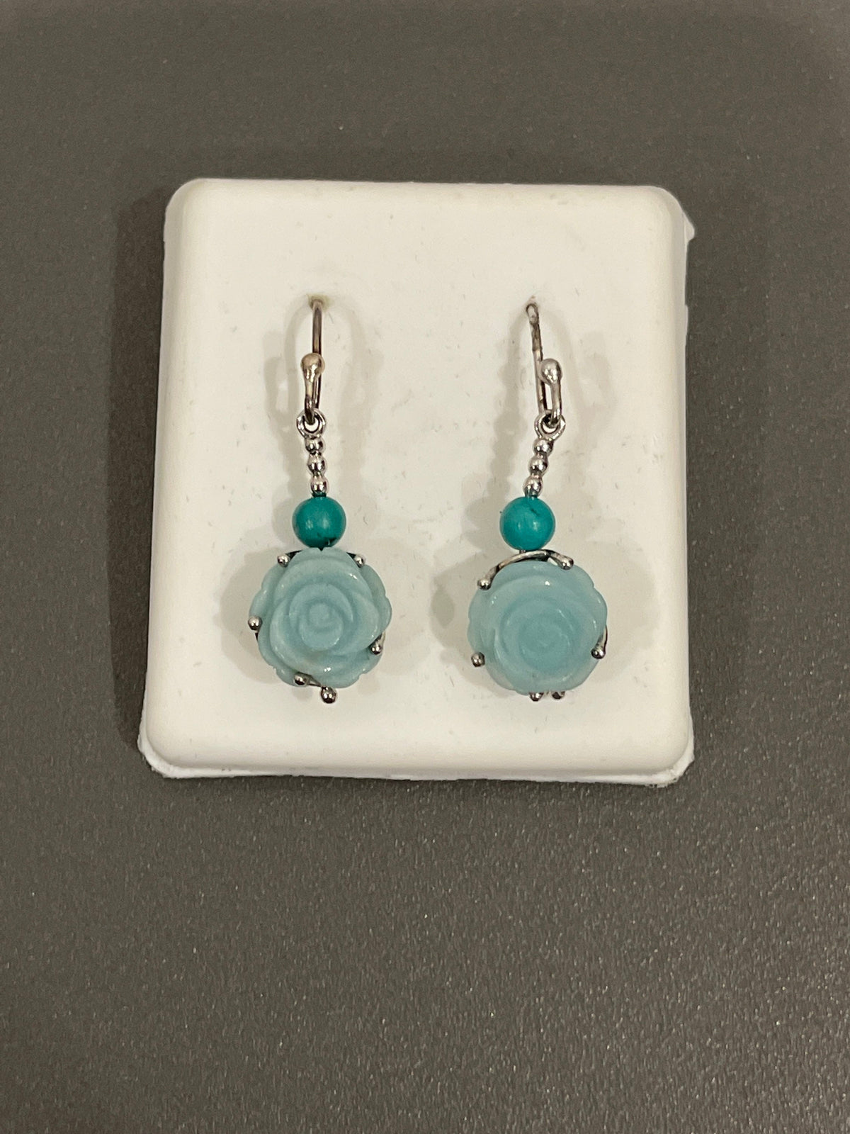 Sterling Silver Carved Flower Chalcedony Stone with Turquoise Bead Dangle and Drop Earrings
