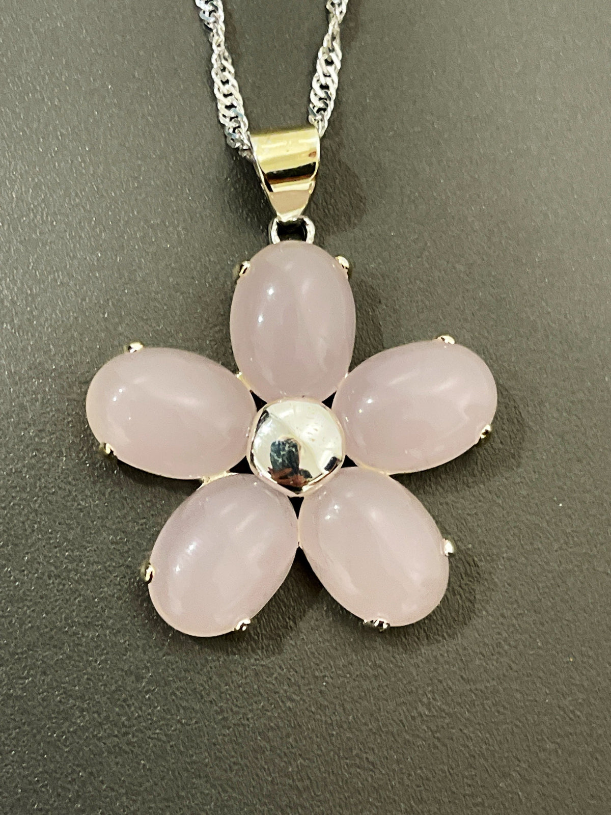 Sterling Silver Pink Quartz Flower Pendant, 20" Chain