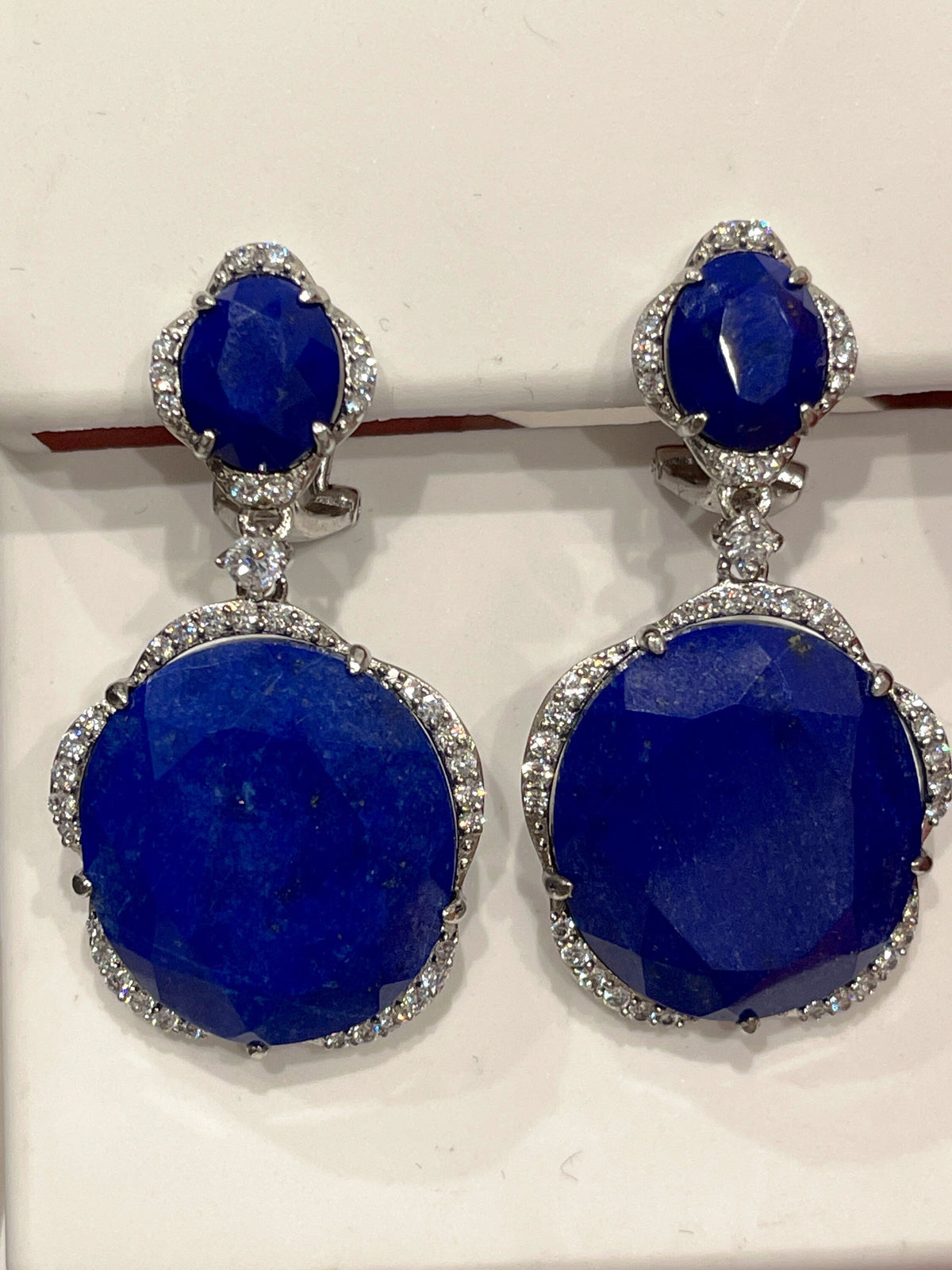 Sterling Silver Blue Aventurine and Cubic Zirconia Dangle Earrings with French Lever Clip Backs