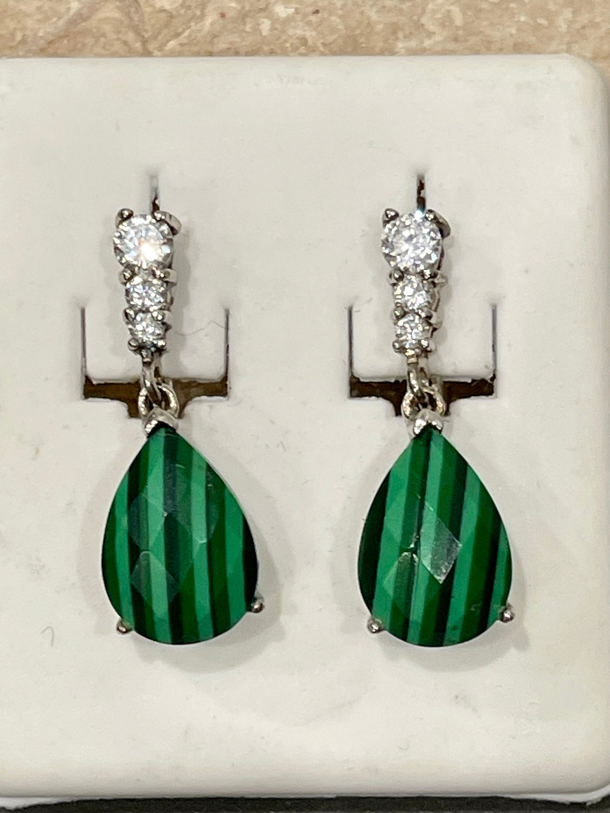 Sterling Silver Pear Cut Genuine Malachite and Cubic Zirconia Dangle Earrings