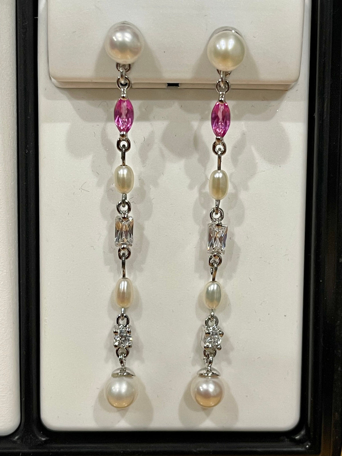Sterling Silver Genuine Pearl, Pink Topaz and Cubic Zirconia Dangle Earrings