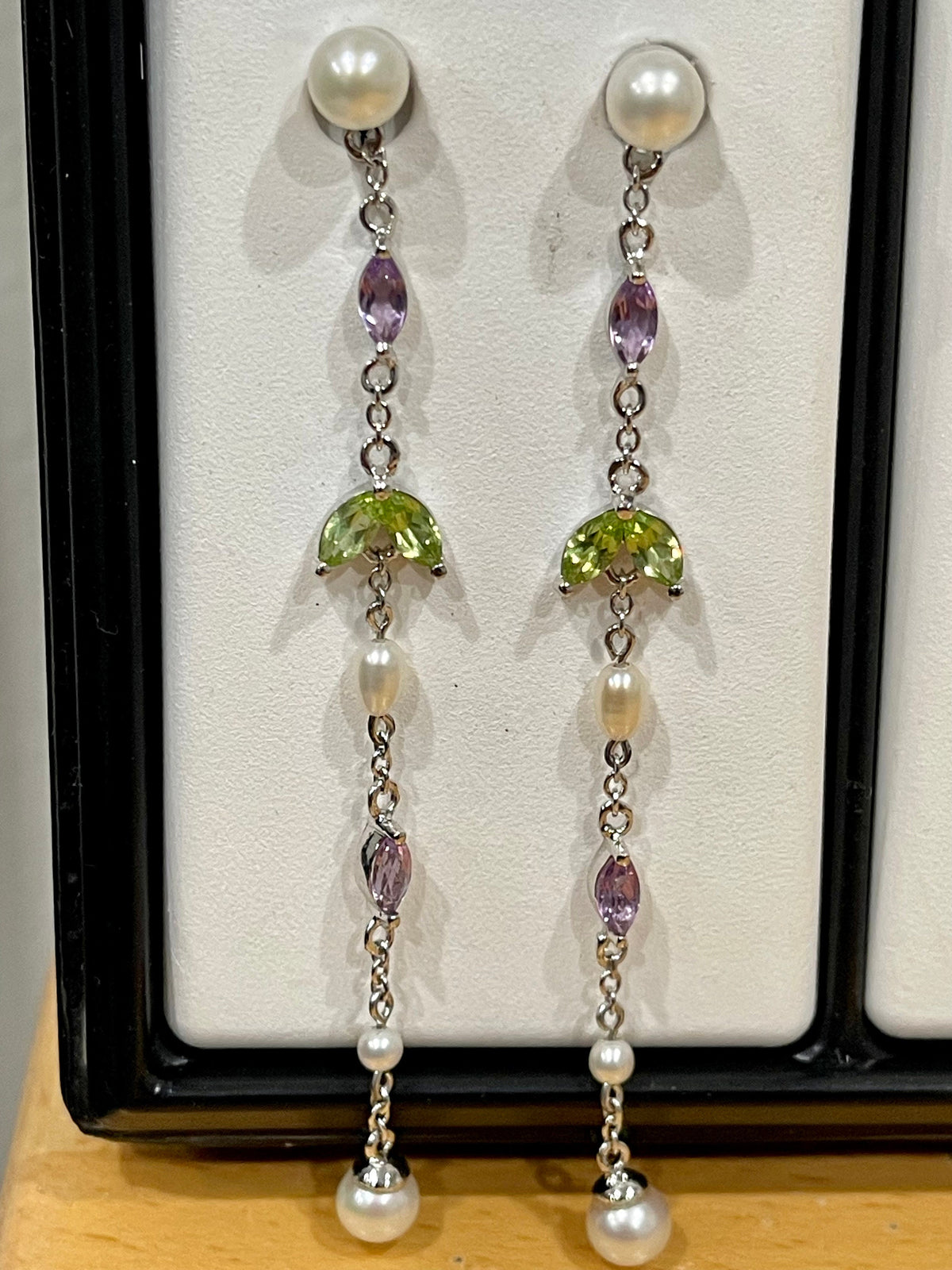 Sterling Silver Pearl, Peridot and Amethyst Chain Link Dangle Earrings Length 3”