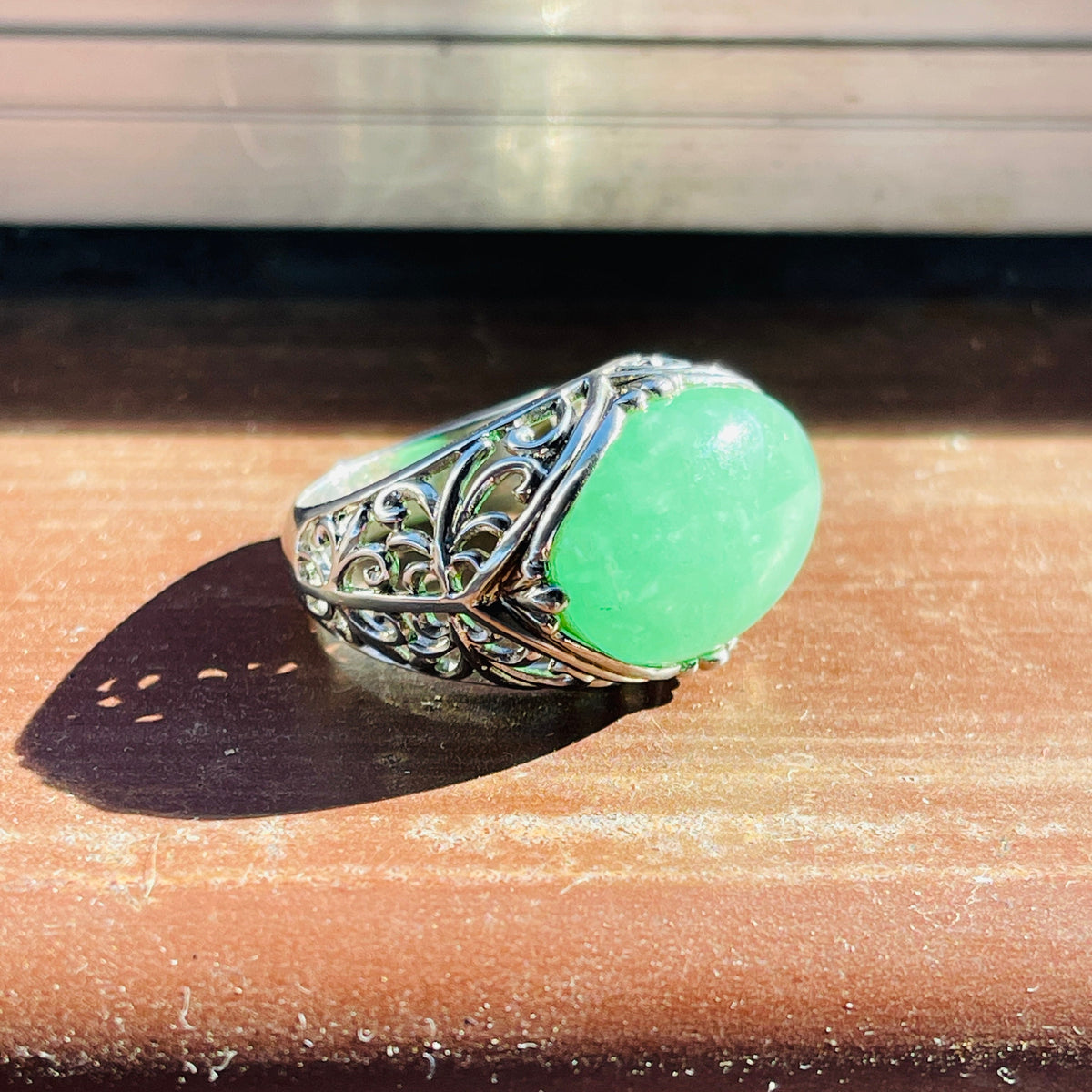 Sterling Silver Serpentine Jade Ring Size 6.75