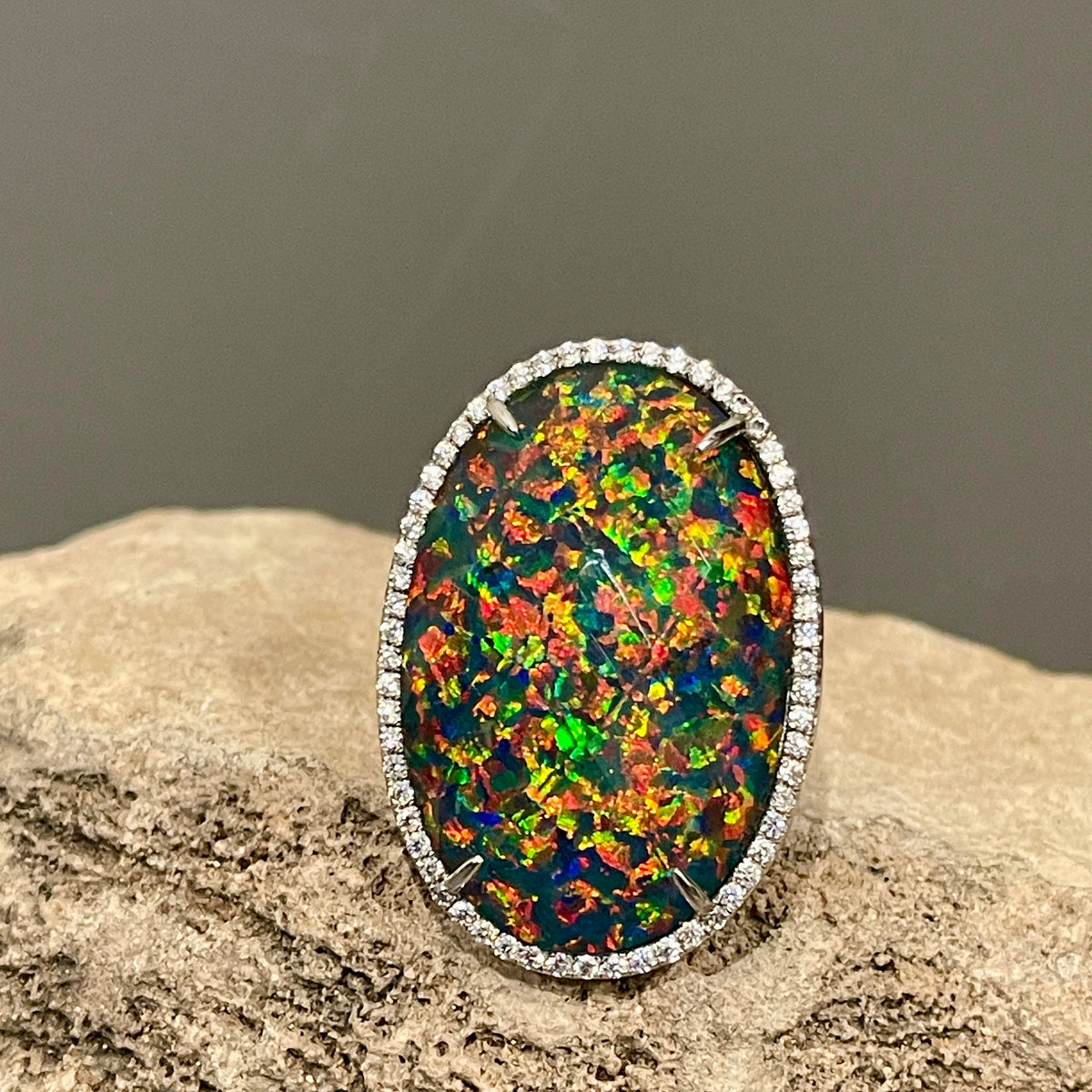 Sterling Silver Gilson Opal Ring with Cubic Zirconias Size 6