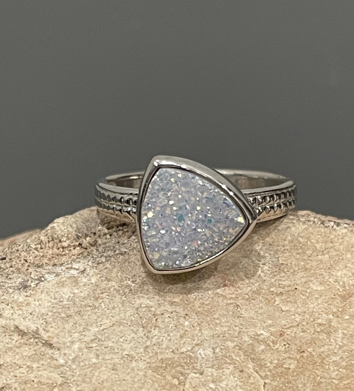Sterling Silver and White Druzy Crystal Quartz Ring Size 8