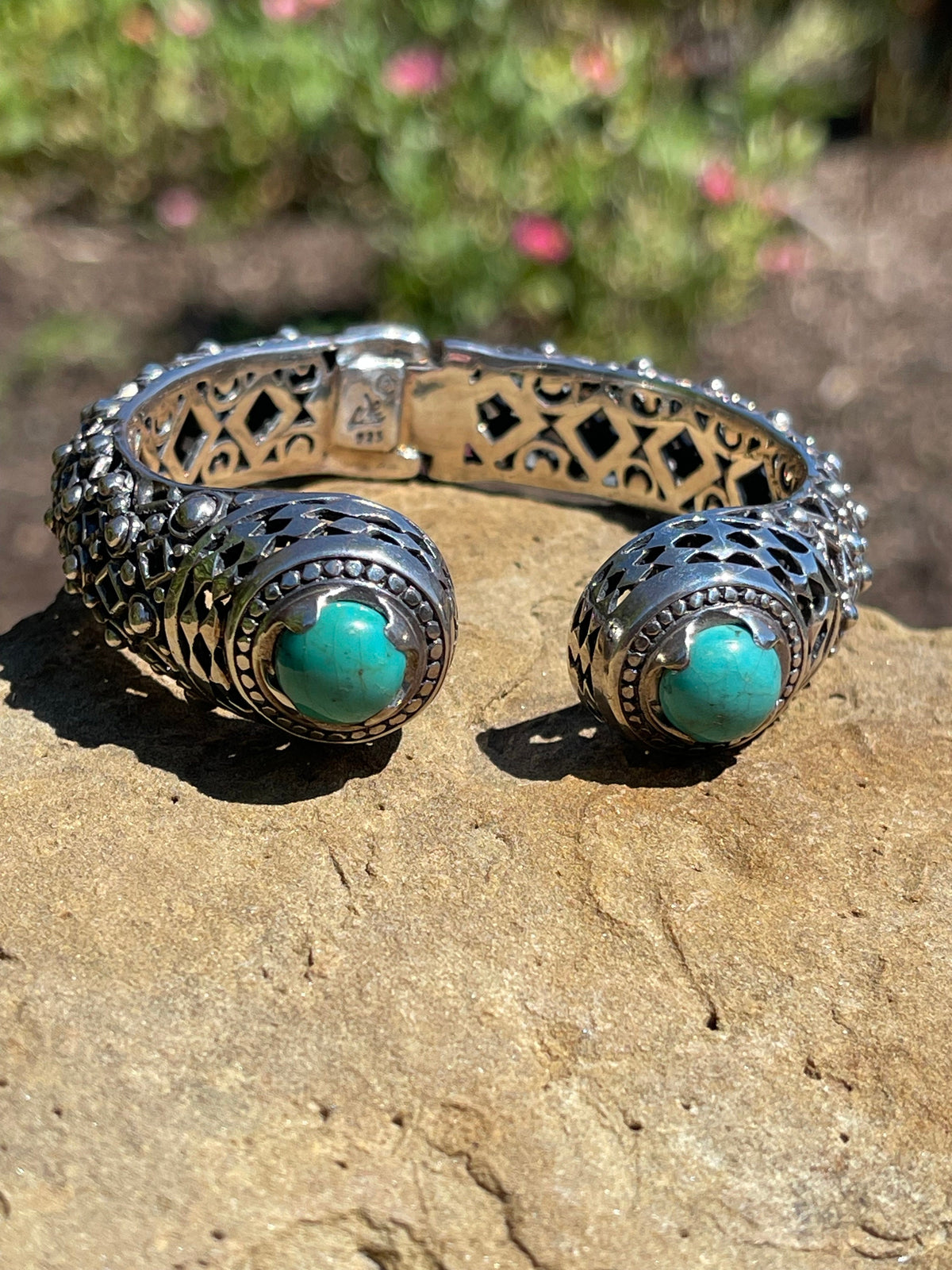 Vintage Sterling Silver Ornate Style Blue Turquoise Hinged Bangle Cuff