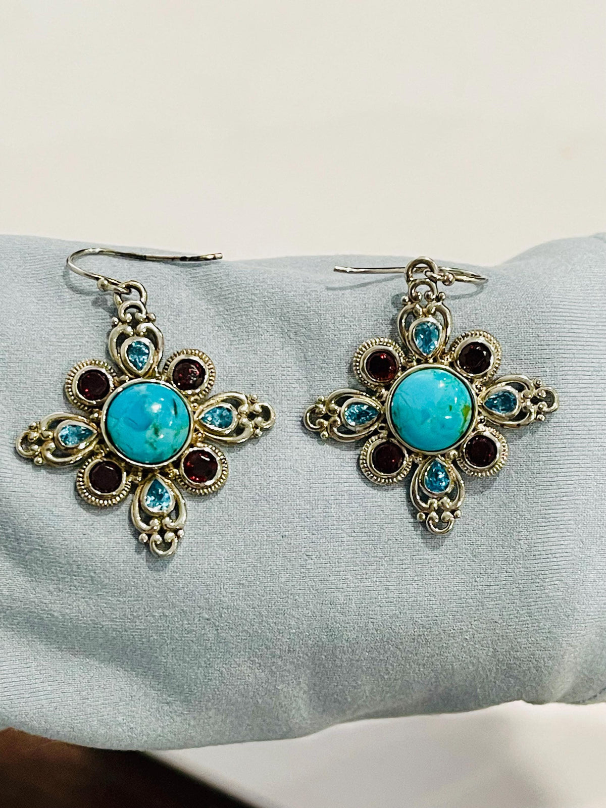 Sterling Silver Turquoise, Garnet and Blue Topaz Dangle and Drop Earrings