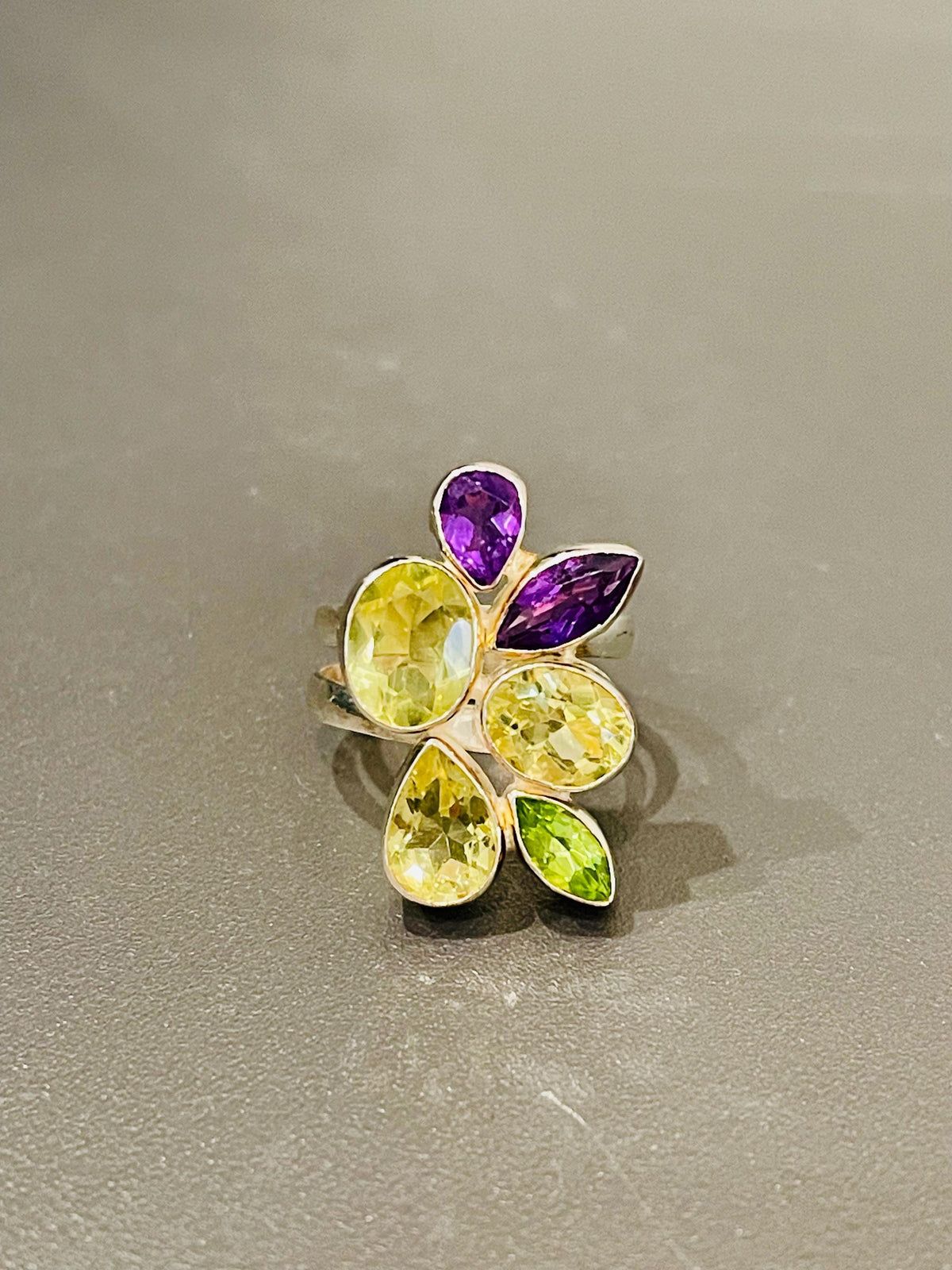 Sterling Silver Multi Stone Ring with Genuine Amethyst, Peridot and Lemon Quartz Size 8.5