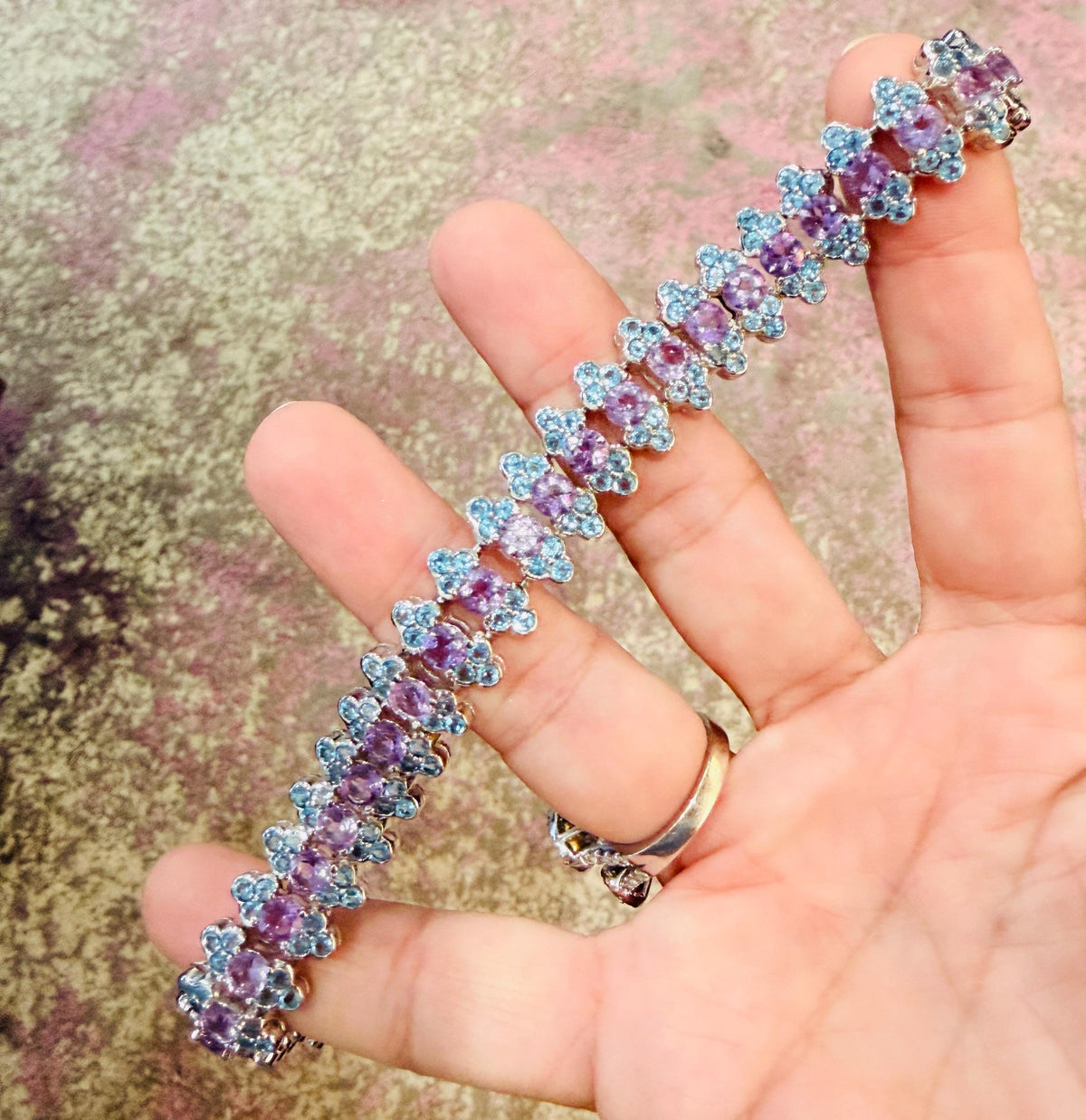 Sterling Silver Amethyst and Blue Topaz Link Stle Bracelet