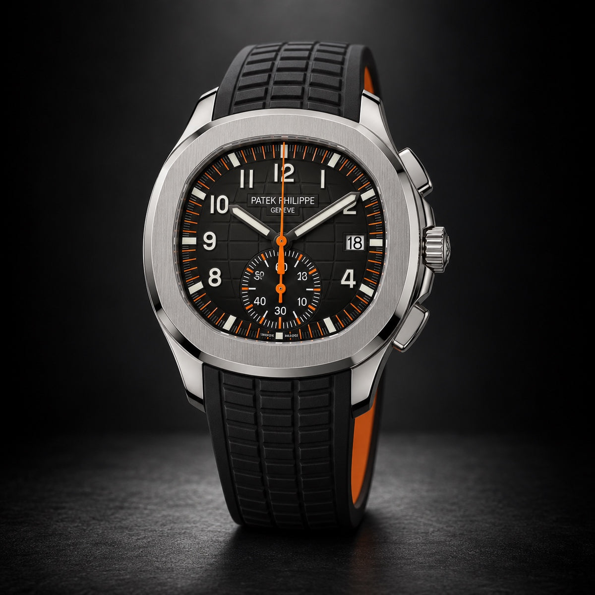 Patek Philippe Aquanaut chronograph with black dial and orange accents