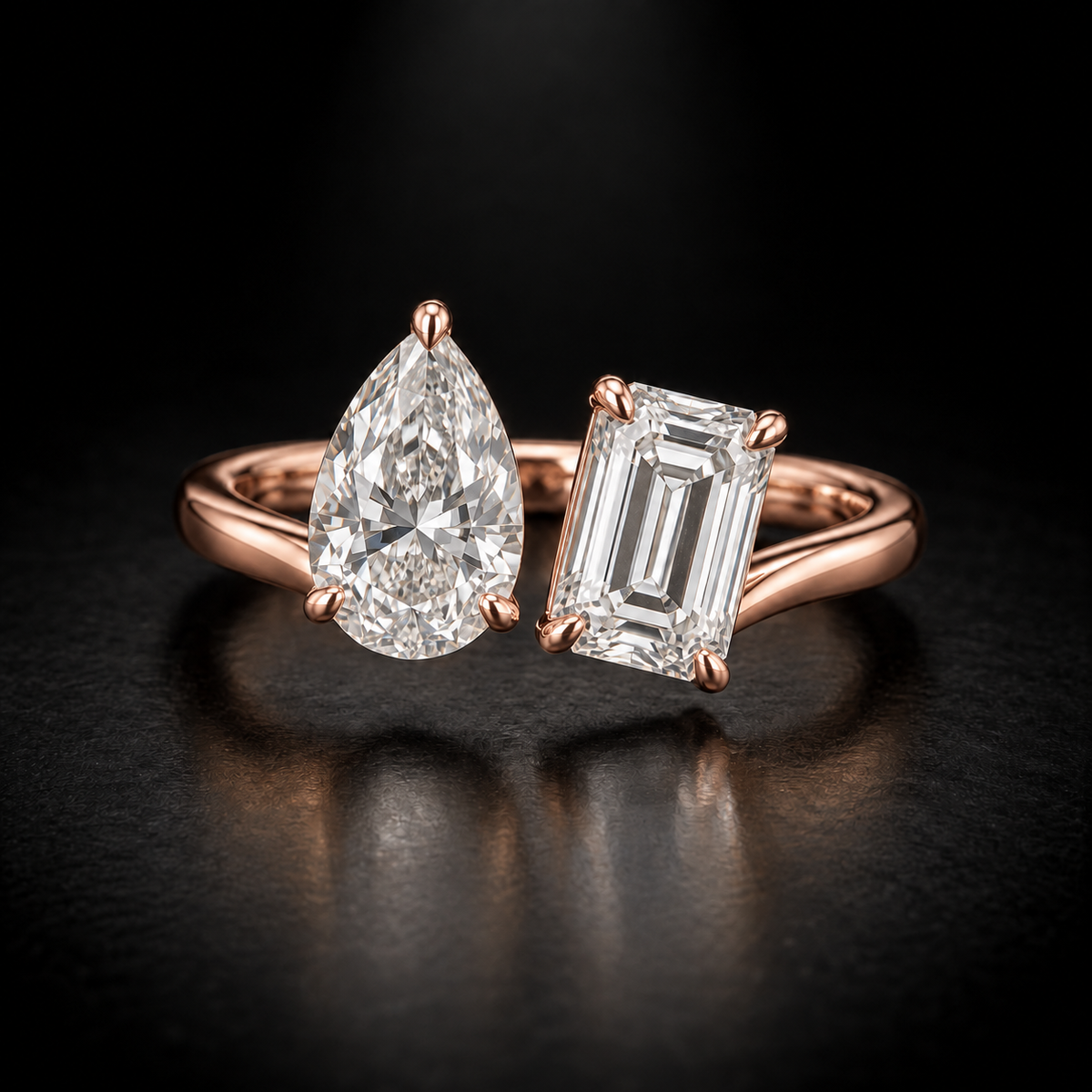 Pear and Emerald-Cut Toi et Moi Engagement Ring in 18kt rose gold