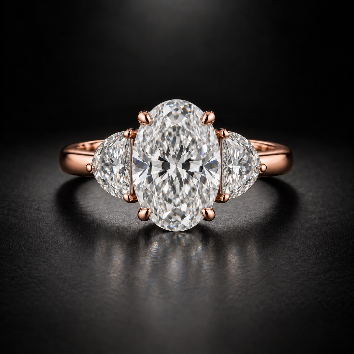 Oval Diamond with Half-Moon Three-Stone Engagement Ring in 18kt Rose Gold