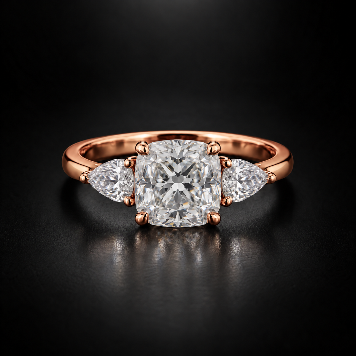 Cushion Diamond with Pear Side Stones Engagement Ring in 18kt Rose Gold