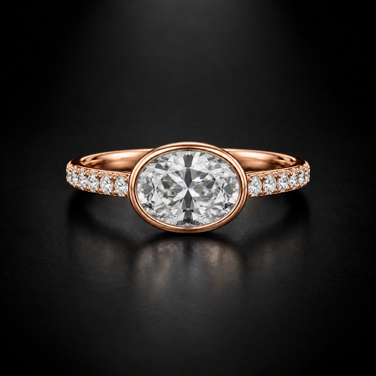 East-West Oval Bezel Pavé Engagement Ring in 18kt Rose Gold