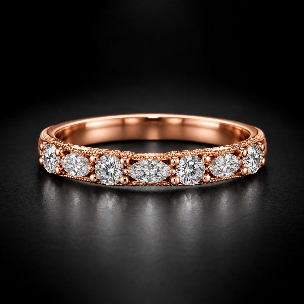 Women's Round and Marquise Milgrain Diamond Wedding Band in 18kt Rose Gold