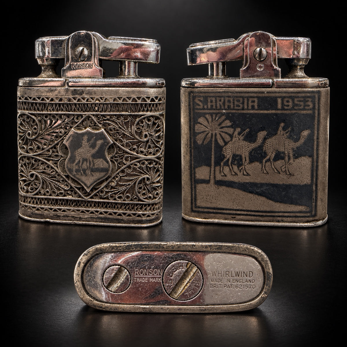 Vintage Ronson Whirlwind lighter with filigree and Arabia 1953 camel scene
