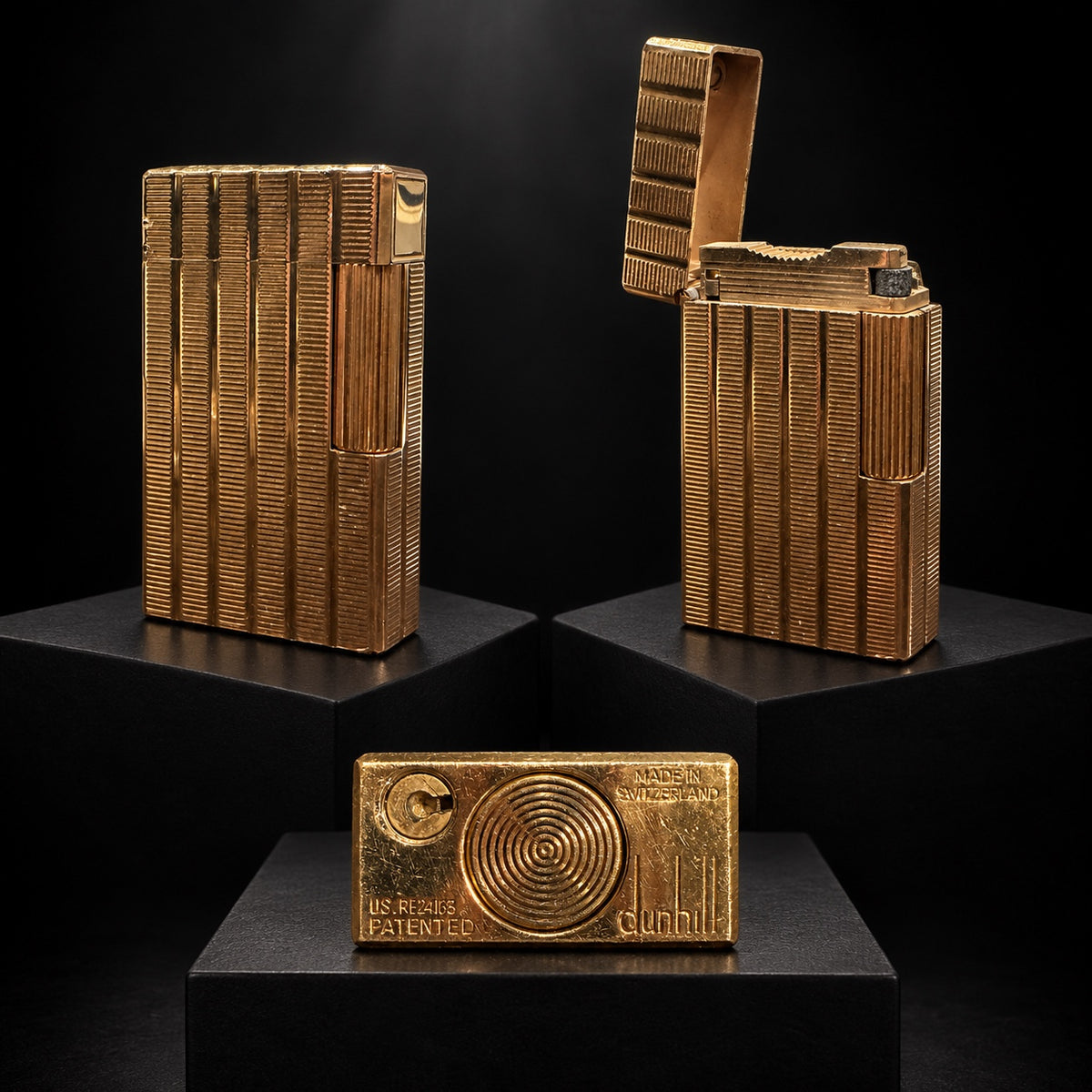 Vintage Dunhill Rollagas gold-plated Barley pattern lighter shown closed, open, and from the marked base
