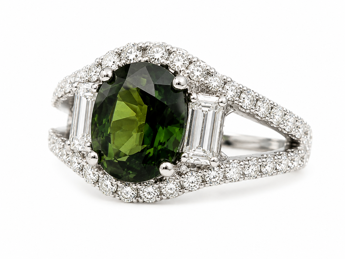 Natural 4.24 ct Madagascar Green Sapphire & 2.50 ct Diamond Platinum Ring, SGL Report