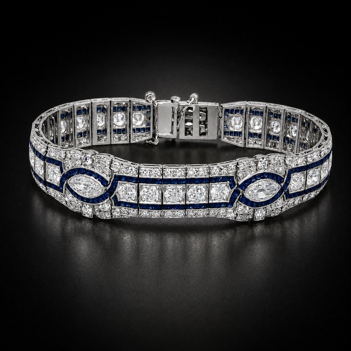 Vintage Art Deco Platinum Diamond 6.22 ct and Sapphire 3.38 ct Bracelet, circa 1940s