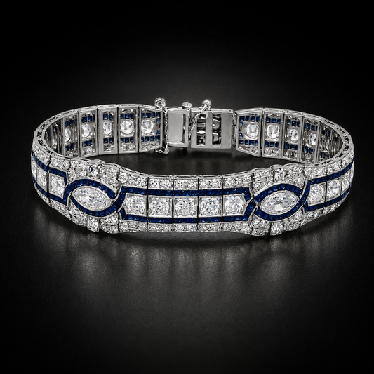 Vintage Art Deco Platinum Diamond 6.22 ct and Sapphire 3.38 ct Bracelet, circa 1940s