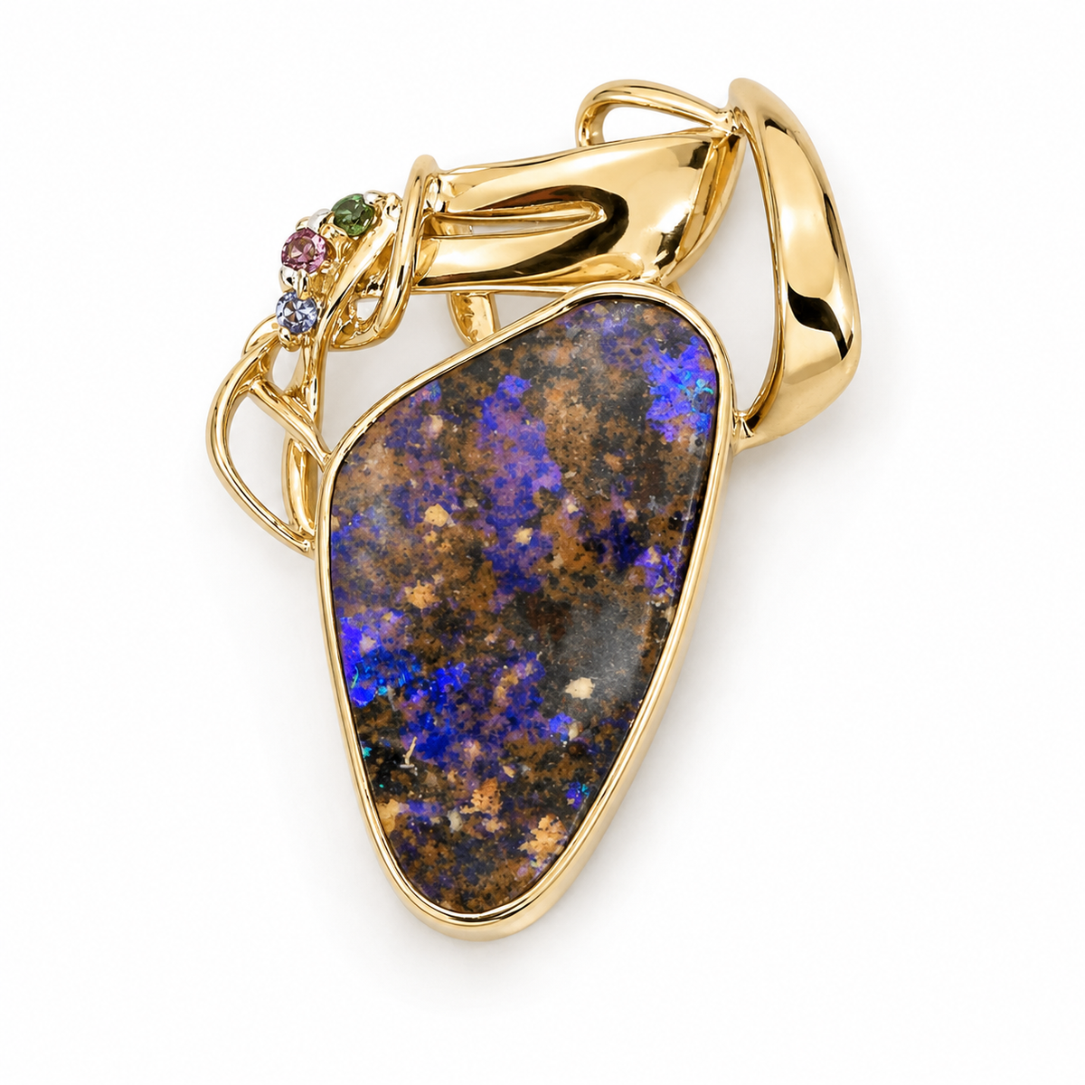 Vintage 1990s Boulder Opal and Sapphire Convertible Pendant Brooch in 14kt Yellow Gold