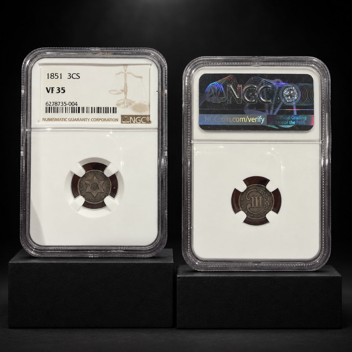 Obverse and reverse views of one 1851 Three-Cent Silver trime, NGC VF 35, certification 6278735-004