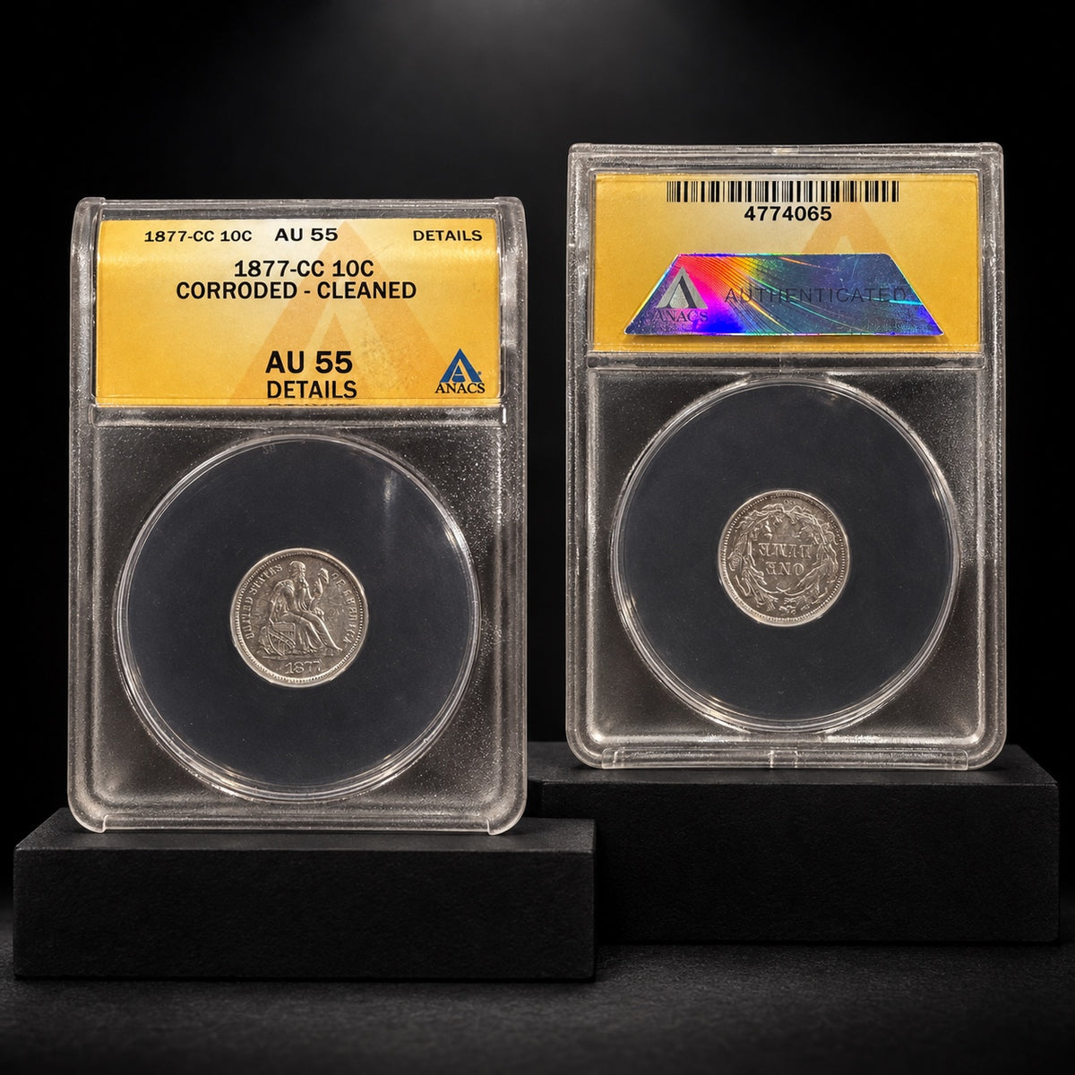 Front and back views of one 1877-CC Seated Liberty dime, ANACS AU 55 Details, Corroded – Cleaned, certification 4774065