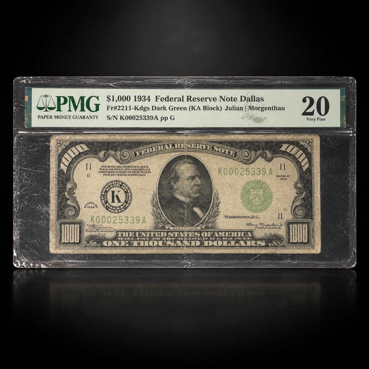 1934 one thousand dollar Federal Reserve Note Dallas Fr. 2211-Kdgs graded PMG Very Fine 20