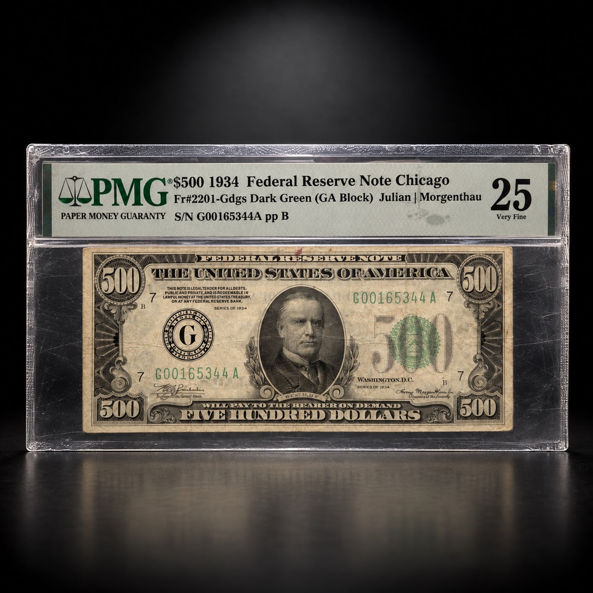 1934 five hundred dollar Federal Reserve Note Chicago Fr. 2201-Gdgs graded PMG Very Fine 25