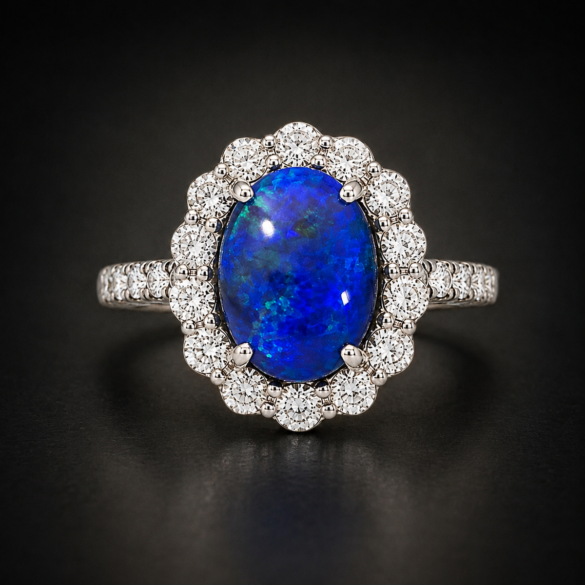 Natural Lightning Ridge Black Opal 2.25 ct and Diamond Halo Ring in 14kt White Gold, SGL Report