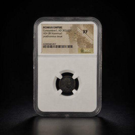 Constantine I posthumous AE4 billon nummus, NGC XF, certification 4283040-007