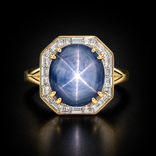 Natural Unheated Blue Star Sapphire 10.83 ct and Diamond Ring in 18kt Yellow Gold