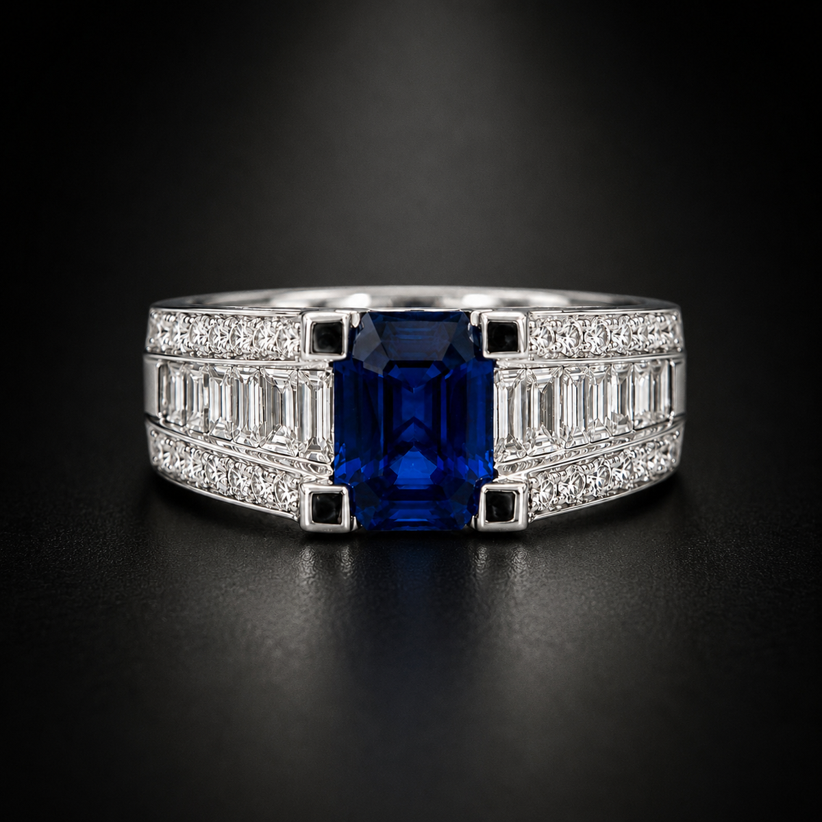 Natural Thai Blue Sapphire 1.66 ct Emerald Cut and Diamond 1.25 ct Ring in 18kt White Gold, SGL Report