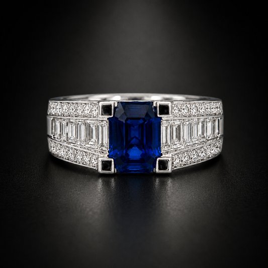 Natural Thai Blue Sapphire 1.66 ct Emerald Cut and Diamond 1.25 ct Ring in 18kt White Gold, SGL Report